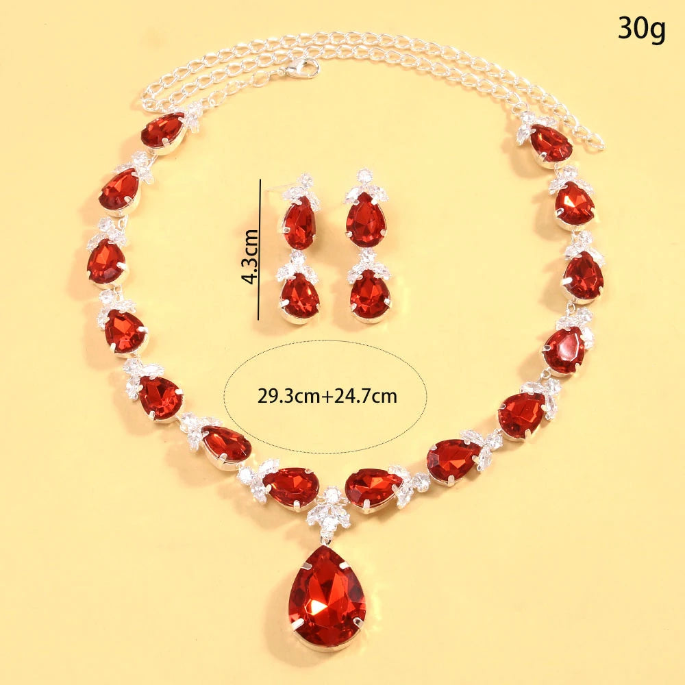 New Red Water Drop Necklace Earrings Set Wedding Accessories Luxury Dubai Bridal Leaf Zircon Jewelry Sets for Women