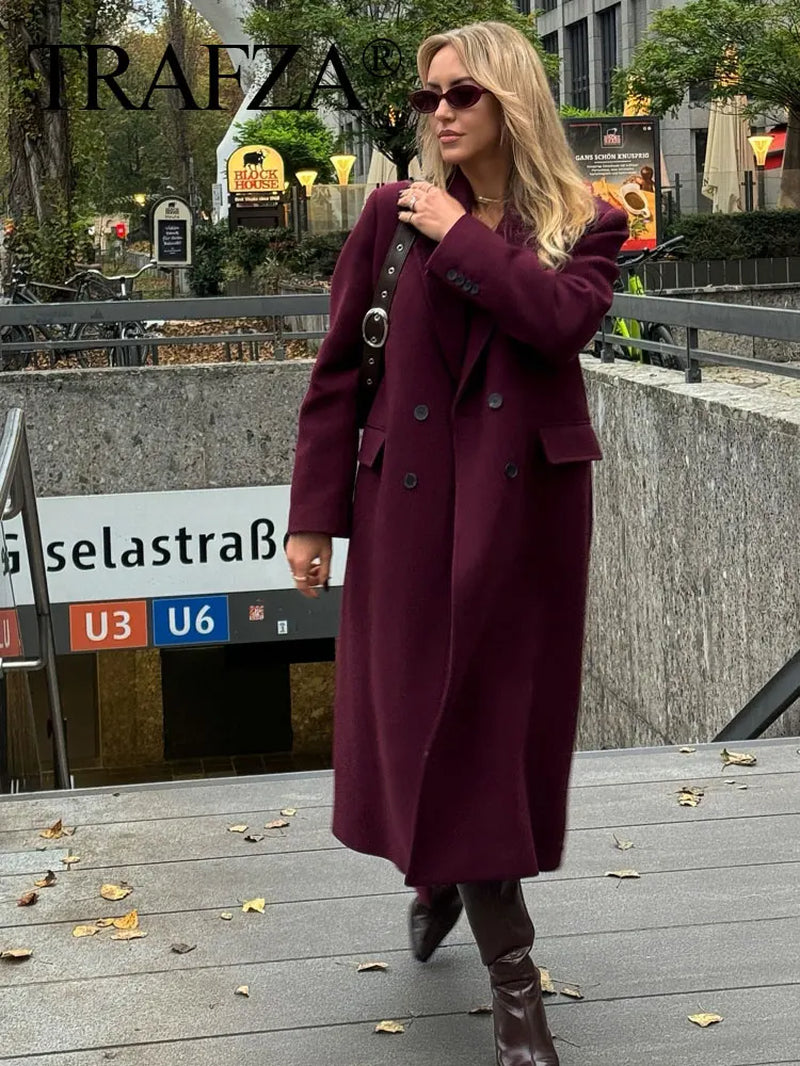 Women Fashion Burgundy Woolen Coat Double Breasted Long Sleeve Lapel Blends Jacket Autumn Winter High Street Outerwear