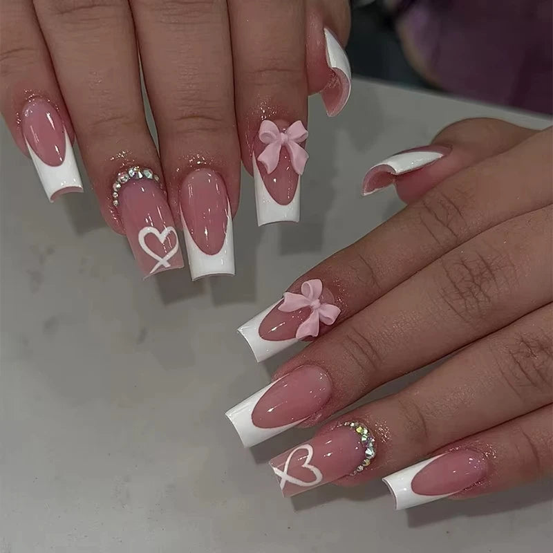 24Pcs Sweet Cat Eye French Press on Nails Diamond-Pointed Three Dimensional Bow Knot Wearable Nail for Women&Girl Almond Nail