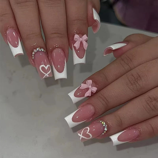 24Pcs Sweet Cat Eye French Press on Nails Diamond-Pointed Three Dimensional Bow Knot Wearable Nail for Women&Girl Almond Nail