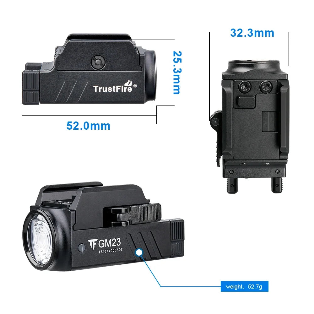GM23 Tactical LED Flashlights 800 Lumens Quick Release Glock Light 2 Modes Rail Mounted Compact USB Rechargeable Torch