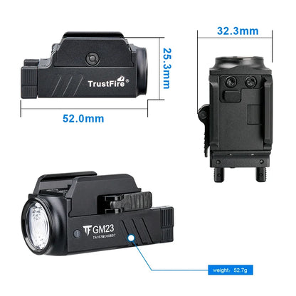GM23 Tactical LED Flashlights 800 Lumens Quick Release Glock Light 2 Modes Rail Mounted Compact USB Rechargeable Torch