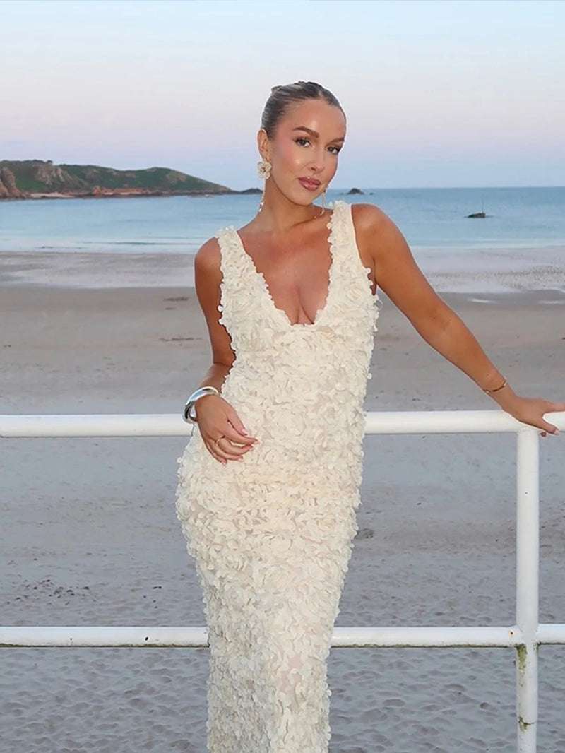 Sexy 3D Flower Deep V-Neck Dress Women Slim Sleeveless Backless Split Hip Package Midi Dresses 2025 Summer Ladies New Vestidos