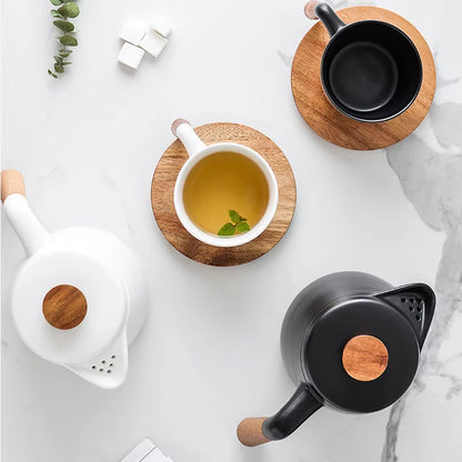 Japanese Style Tea Set Wooden Handle Ceramic Tea Pot Thickened High Borosilicate Glass Transparent Heat Resistant Tea Pot