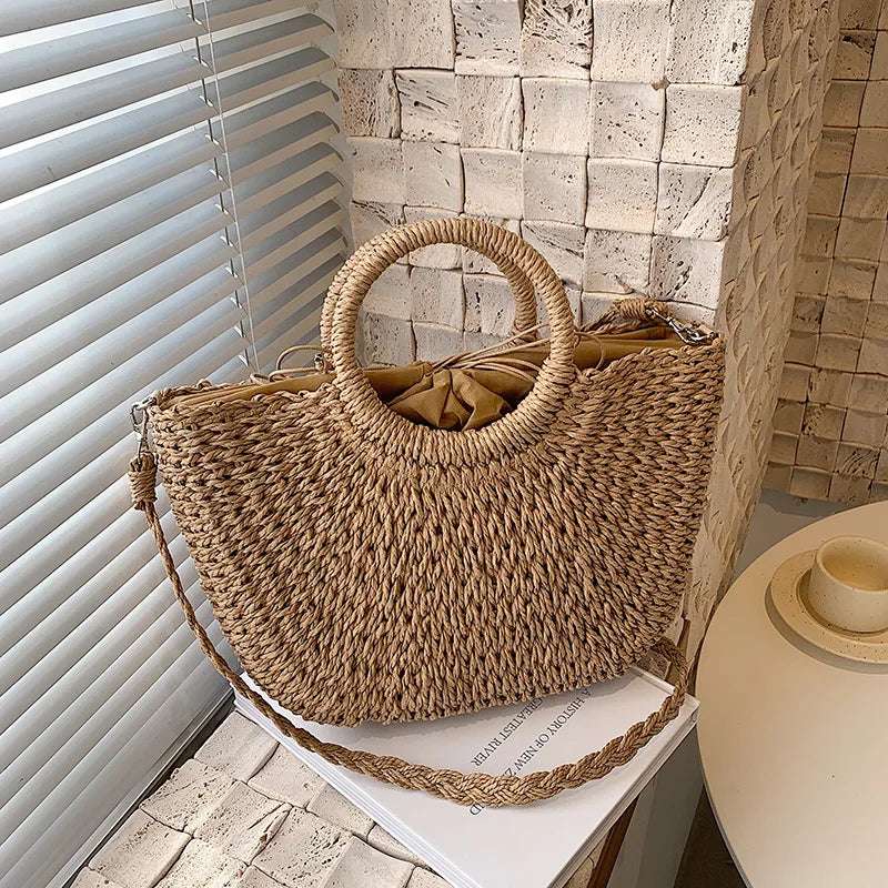 Straw Woven Handbags for Women Handmade Travel Seaside Beach Bag Summer New Handle Bucket Bag Shopping Tote Bag Basket Bolsa