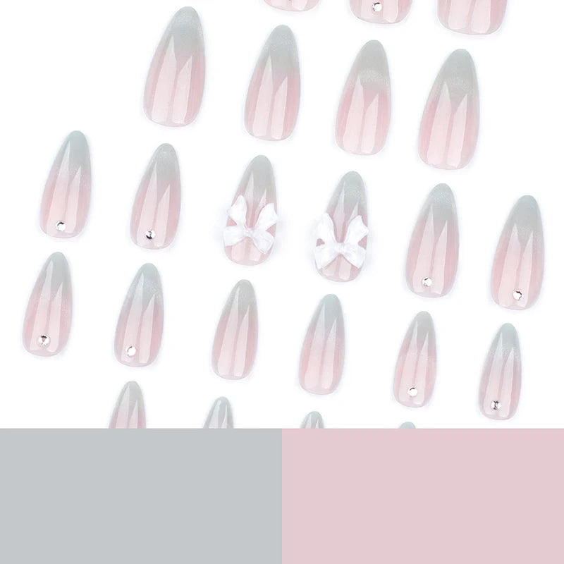 24Pcs Sweet Cat Eye French Press on Nails Diamond-Pointed Three Dimensional Bow Knot Wearable Nail for Women&Girl Almond Nail