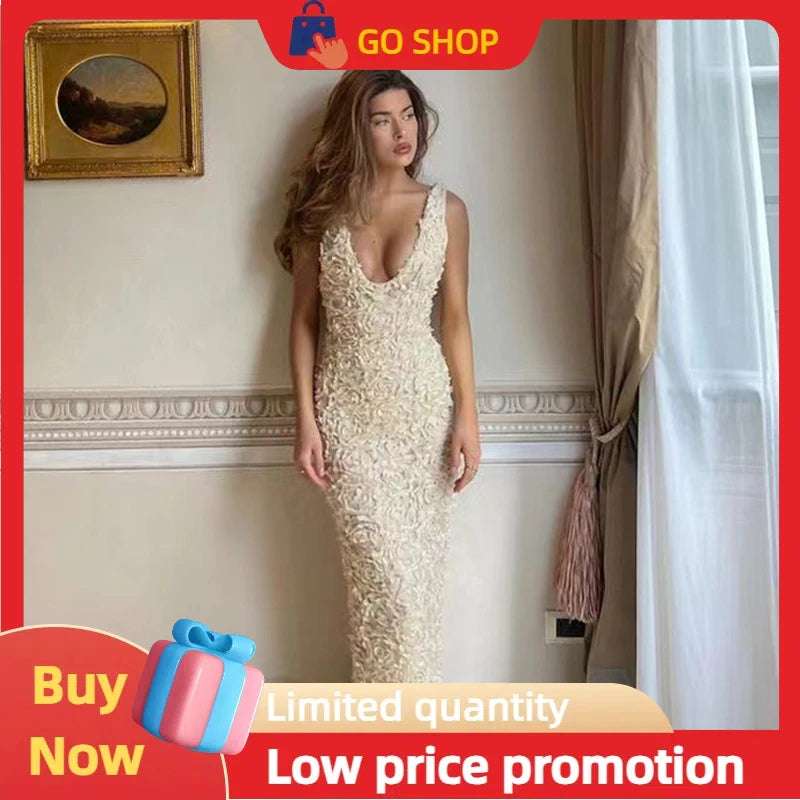 Sexy 3D Flower Deep V-Neck Dress Women Slim Sleeveless Backless Split Hip Package Midi Dresses 2025 Summer Ladies New Vestidos