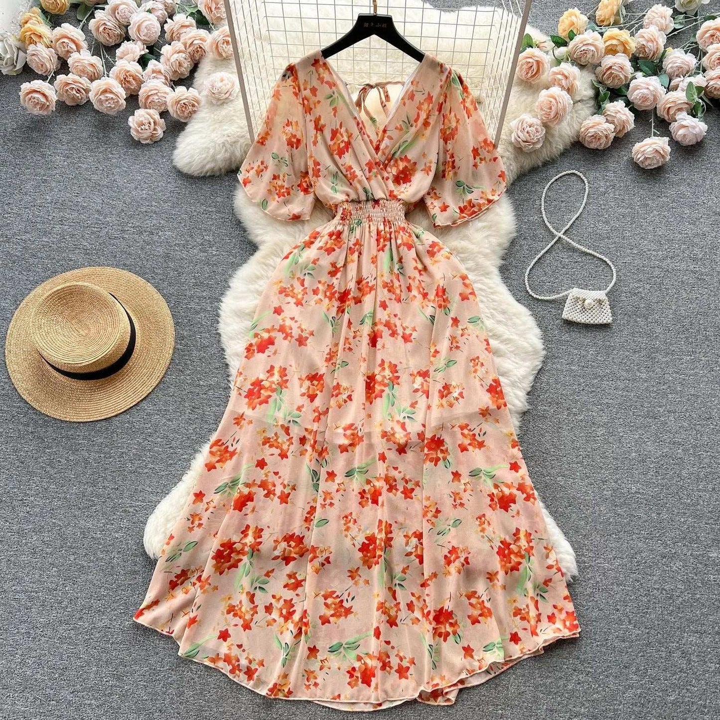 Women Chiffon Floral Long Dress Korean V-Neck Short Sleeve A-Line Party Dresses Summer Bohemian Print Beach Vestidos