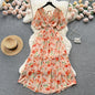 Women Chiffon Floral Long Dress Korean V-Neck Short Sleeve A-Line Party Dresses Summer Bohemian Print Beach Vestidos