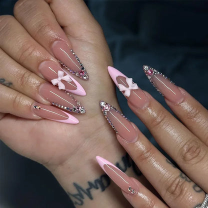 24Pcs Sweet Cat Eye French Press on Nails Diamond-Pointed Three Dimensional Bow Knot Wearable Nail for Women&Girl Almond Nail