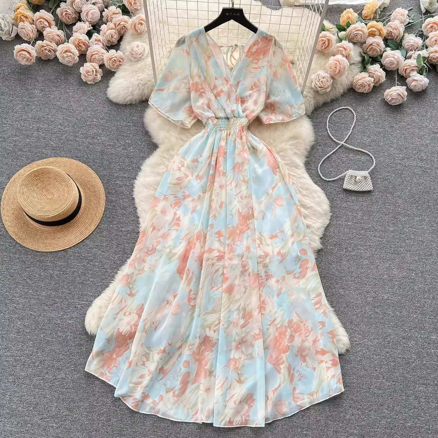 Women Chiffon Floral Long Dress Korean V-Neck Short Sleeve A-Line Party Dresses Summer Bohemian Print Beach Vestidos