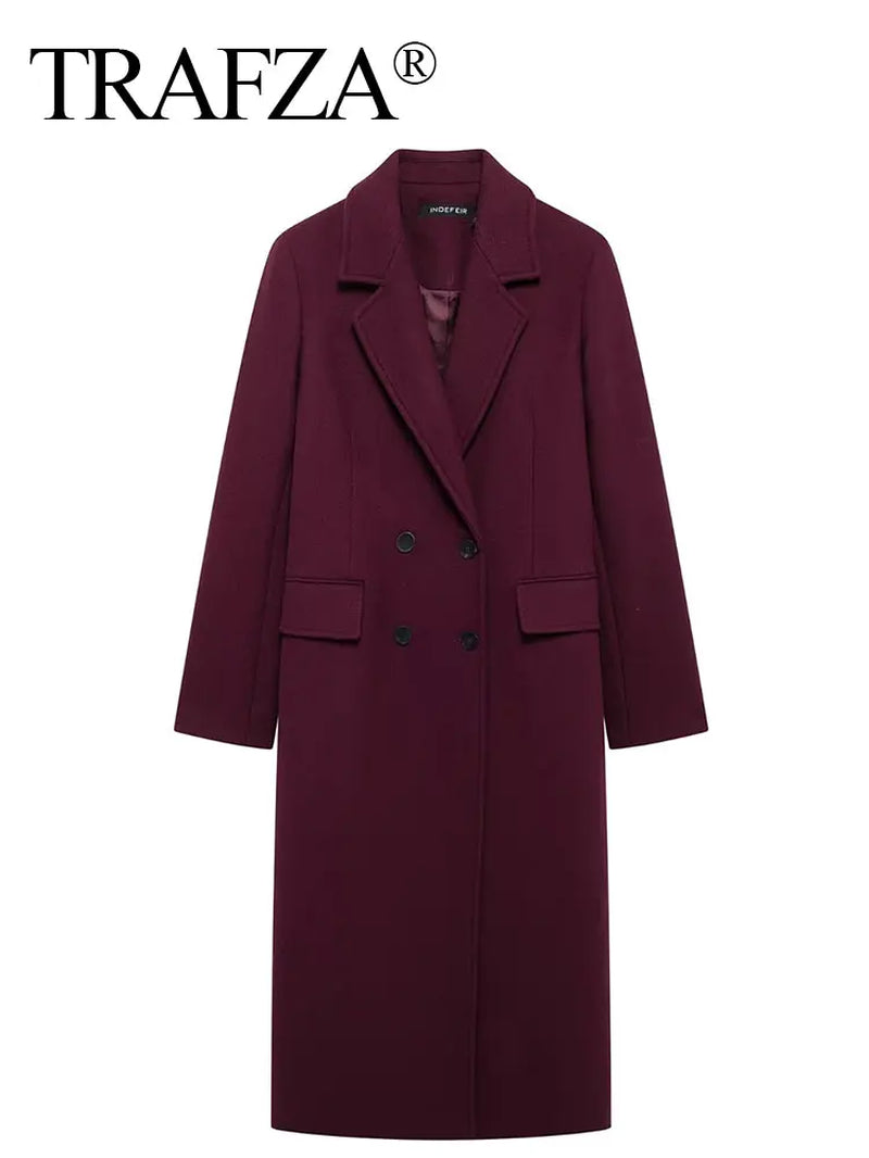 Women Fashion Burgundy Woolen Coat Double Breasted Long Sleeve Lapel Blends Jacket Autumn Winter High Street Outerwear