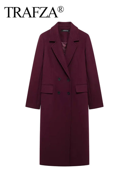Women Fashion Burgundy Woolen Coat Double Breasted Long Sleeve Lapel Blends Jacket Autumn Winter High Street Outerwear