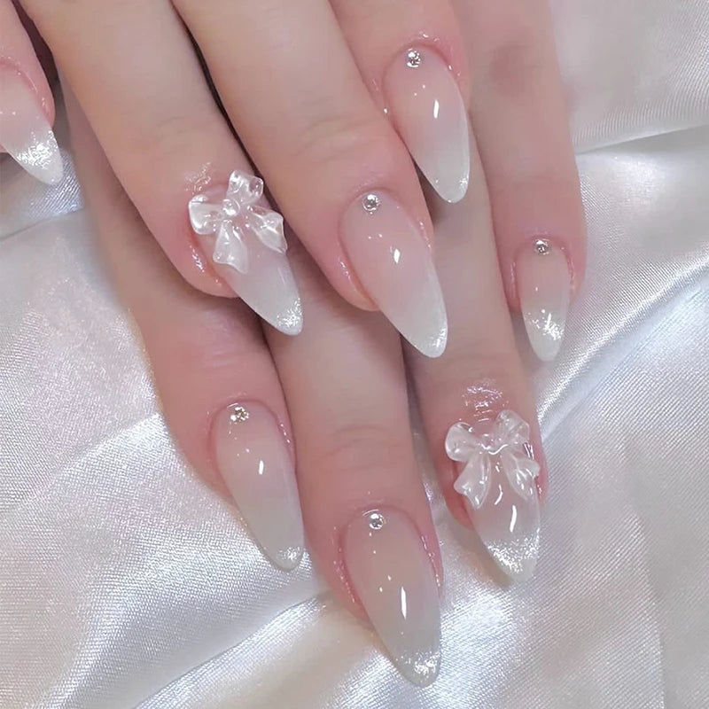 24Pcs Sweet Cat Eye French Press on Nails Diamond-Pointed Three Dimensional Bow Knot Wearable Nail for Women&Girl Almond Nail
