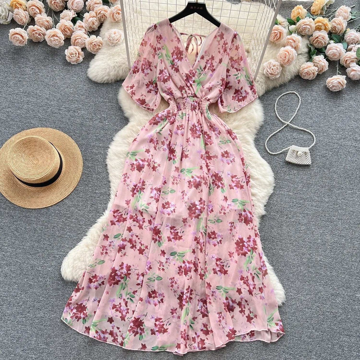 Women Chiffon Floral Long Dress Korean V-Neck Short Sleeve A-Line Party Dresses Summer Bohemian Print Beach Vestidos