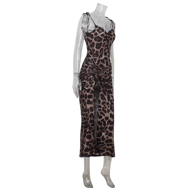 Sexy Leopard Women'S Maxi Dresses Lace-Up Camisole Fold Slim High Split Sleeveless Shirring Elegant Female Vestidos Robe