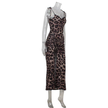 Sexy Leopard Women'S Maxi Dresses Lace-Up Camisole Fold Slim High Split Sleeveless Shirring Elegant Female Vestidos Robe