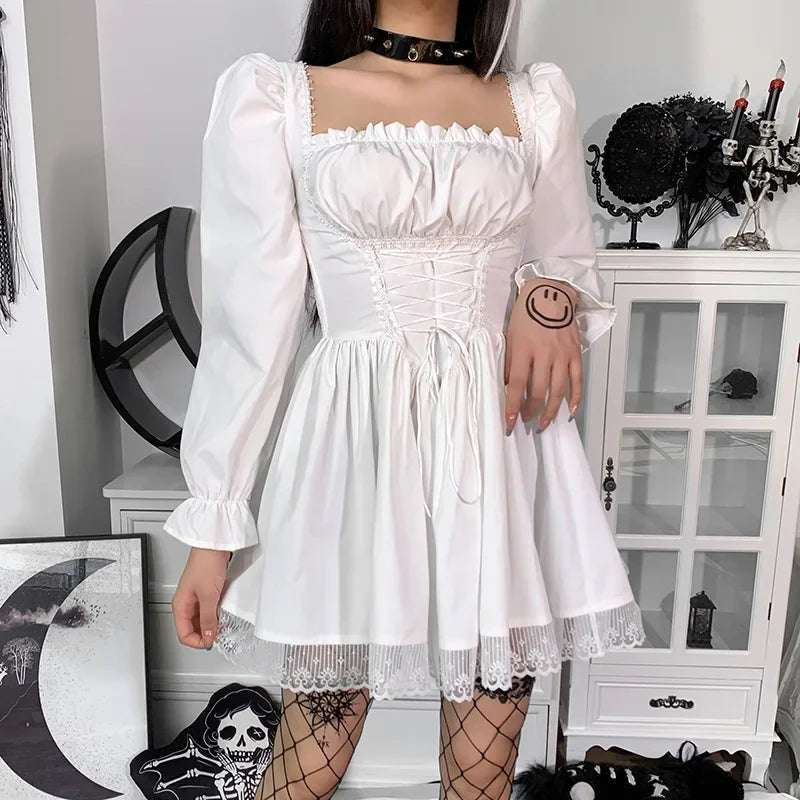 Mall Goth Bandage Harajuku White Lolita Kwaii Dresses Black Women Sexy Mini Dress Gothic Lace Puff Sleeves Bodycon Partywear