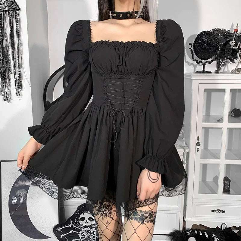 Mall Goth Bandage Harajuku White Lolita Kwaii Dresses Black Women Sexy Mini Dress Gothic Lace Puff Sleeves Bodycon Partywear
